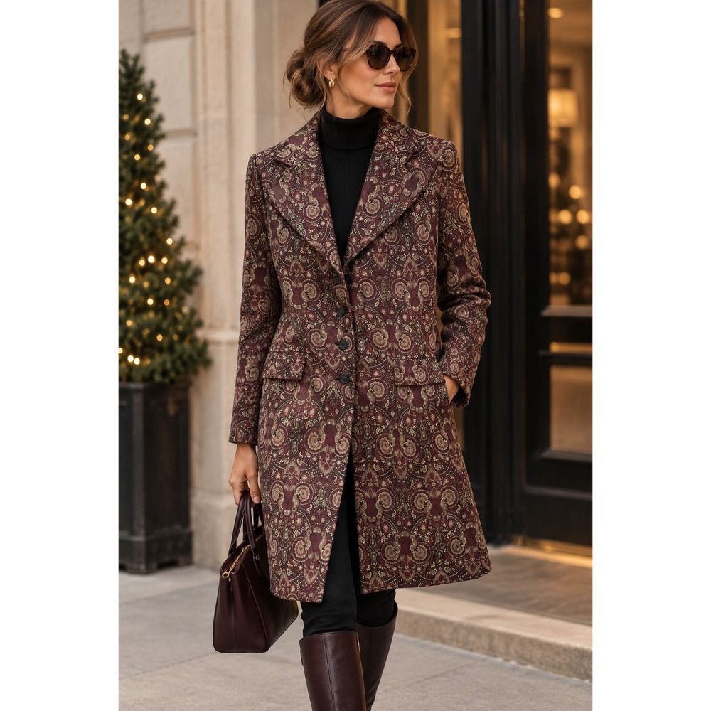 Frontier Clothing Co Lawrence Scott Frock Coat Women 38 Burgundy Paisley Exc